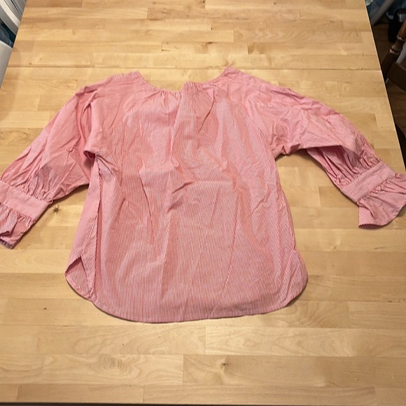 Kensie Jeans Top Striped Blouse Sz small red White Ruffle Button Cuffs Puff - Picture 2 of 4